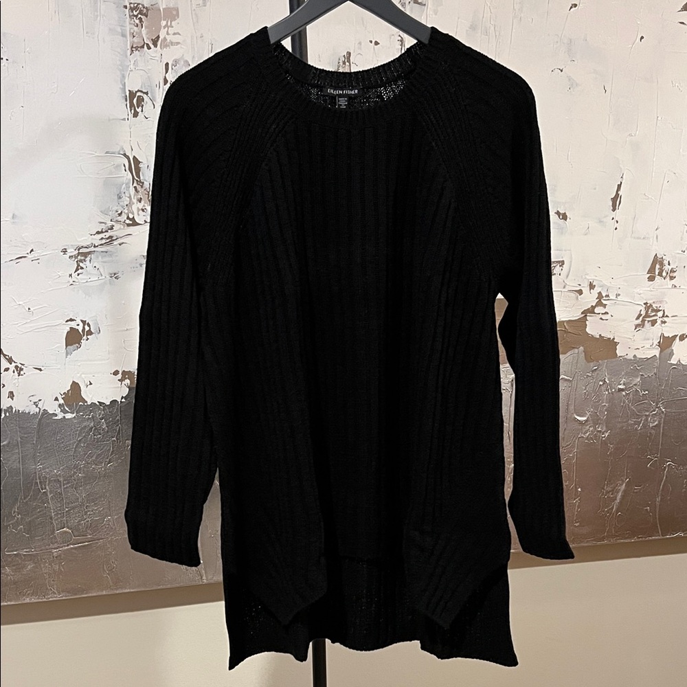 Eileen Fisher Black Ballet Neck Sweater, Ribbed Texture